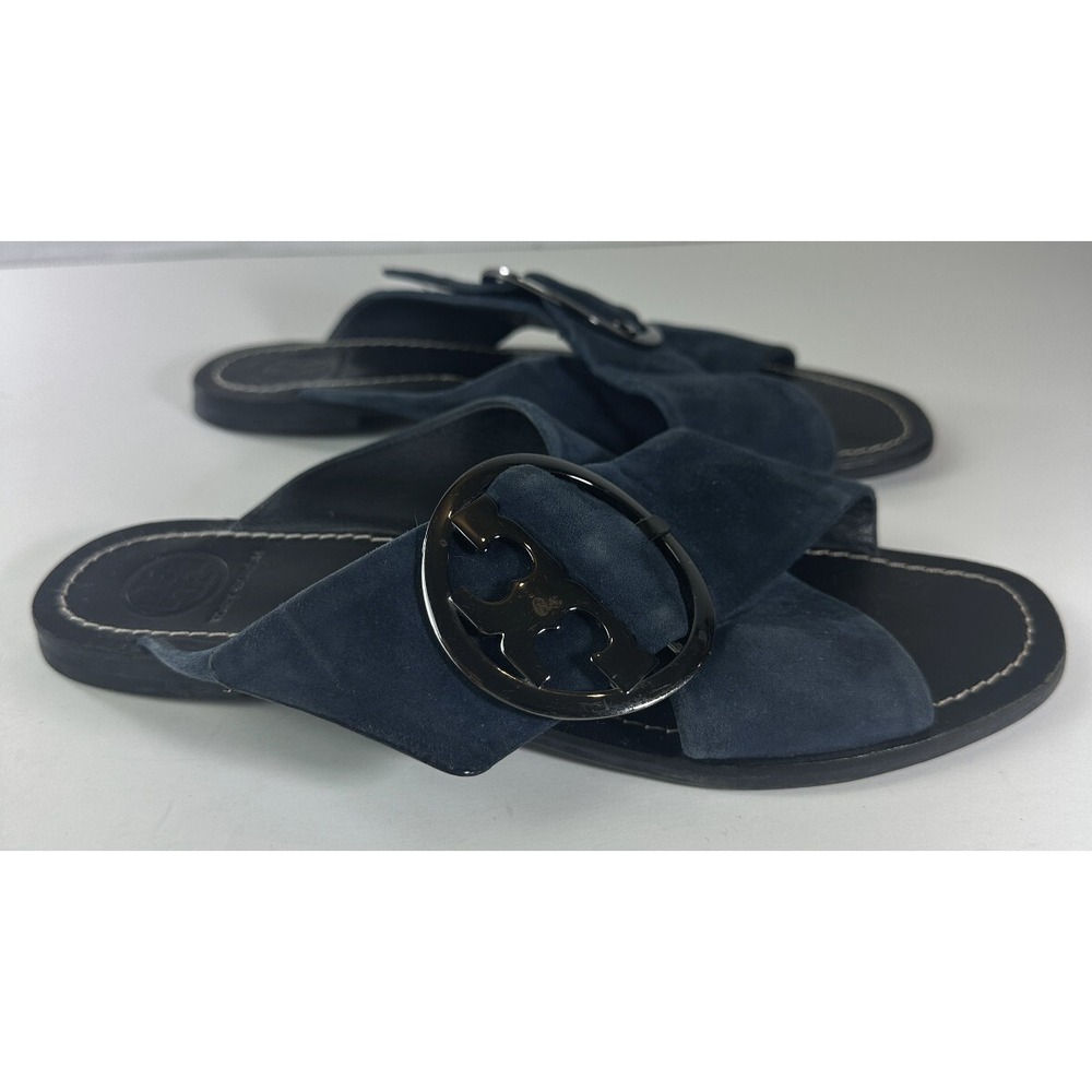 Tory Burch Grant Suede Sandal Open Toe Criss Cross Slides Midnight Blue 7.5 M - Picture 12 of 16